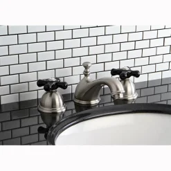 Clearance Restoration Onyx Widespread Lavatory Faucet with Black Porcelain Cross Handle 8