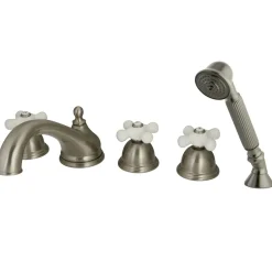 Royale Three Handle Satin Nickel Roman Tub Filler with Hand Shower Tub Faucets