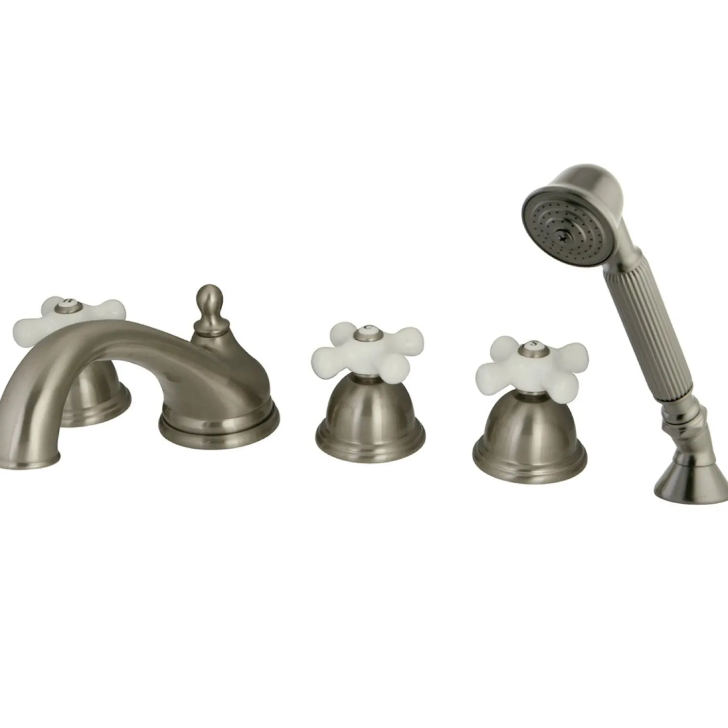 Royale Three Handle Satin Nickel Roman Tub Filler with Hand Shower Tub Faucets