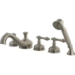 New Royale Three Handle Roman Tub Filler with Hand Shower in Satin Nickel Tub Faucets