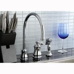 Outlet Single Handle Widespread Kitchen Faucet with Brass Sprayer and Porcelain Lever Handle Widespread Kitchen Faucets