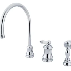 Outlet Single Handle Widespread Kitchen Faucet with Brass Sprayer and Porcelain Lever Handle Widespread Kitchen Faucets