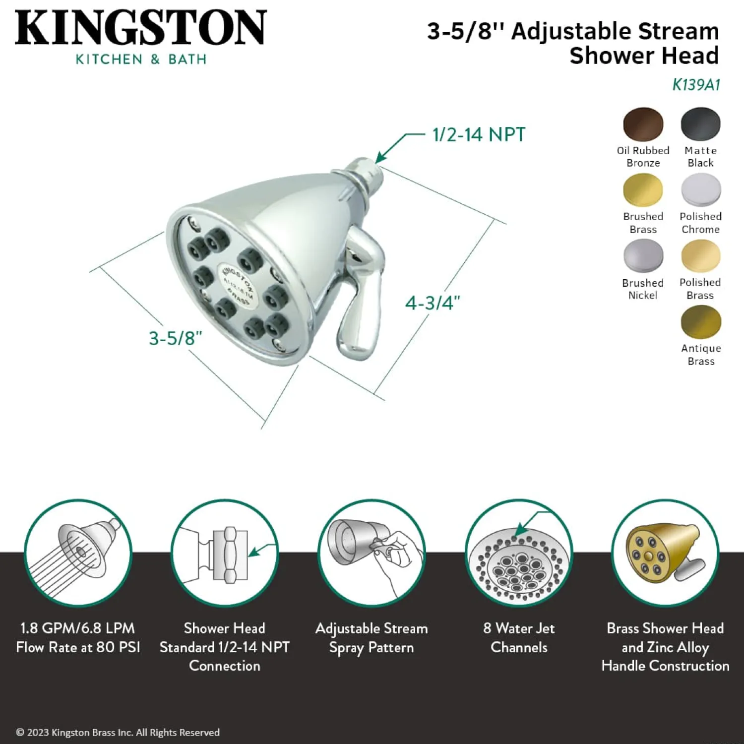 Hot Victorian 3-5/8" Diameter Adjustable Brass Shower Head with 8 Jets Shower Heads