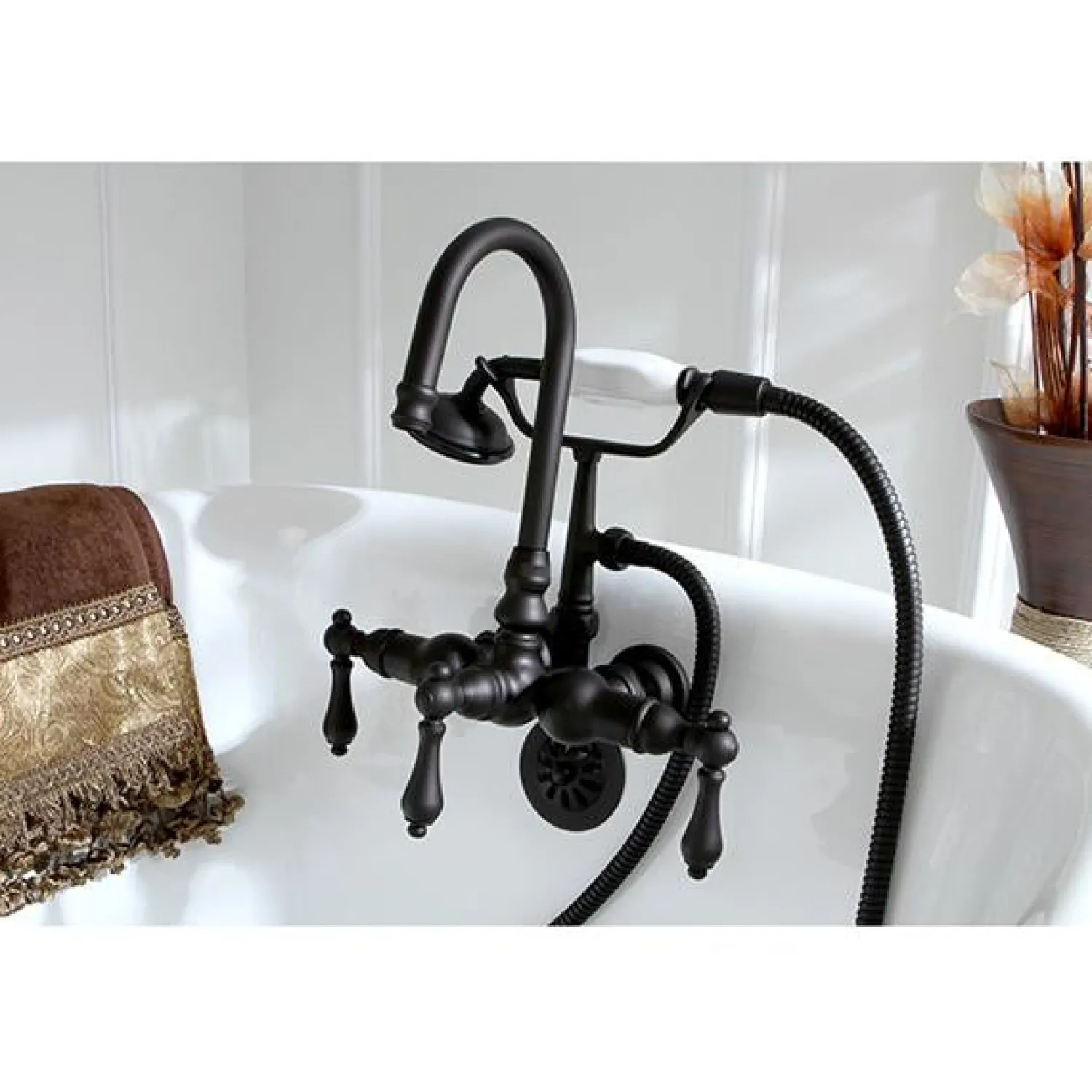 Clearance Vintage 3-3/8" Centers Wall Mount Clawfoot Tub Filler Faucet with Hand Shower Tub Faucets