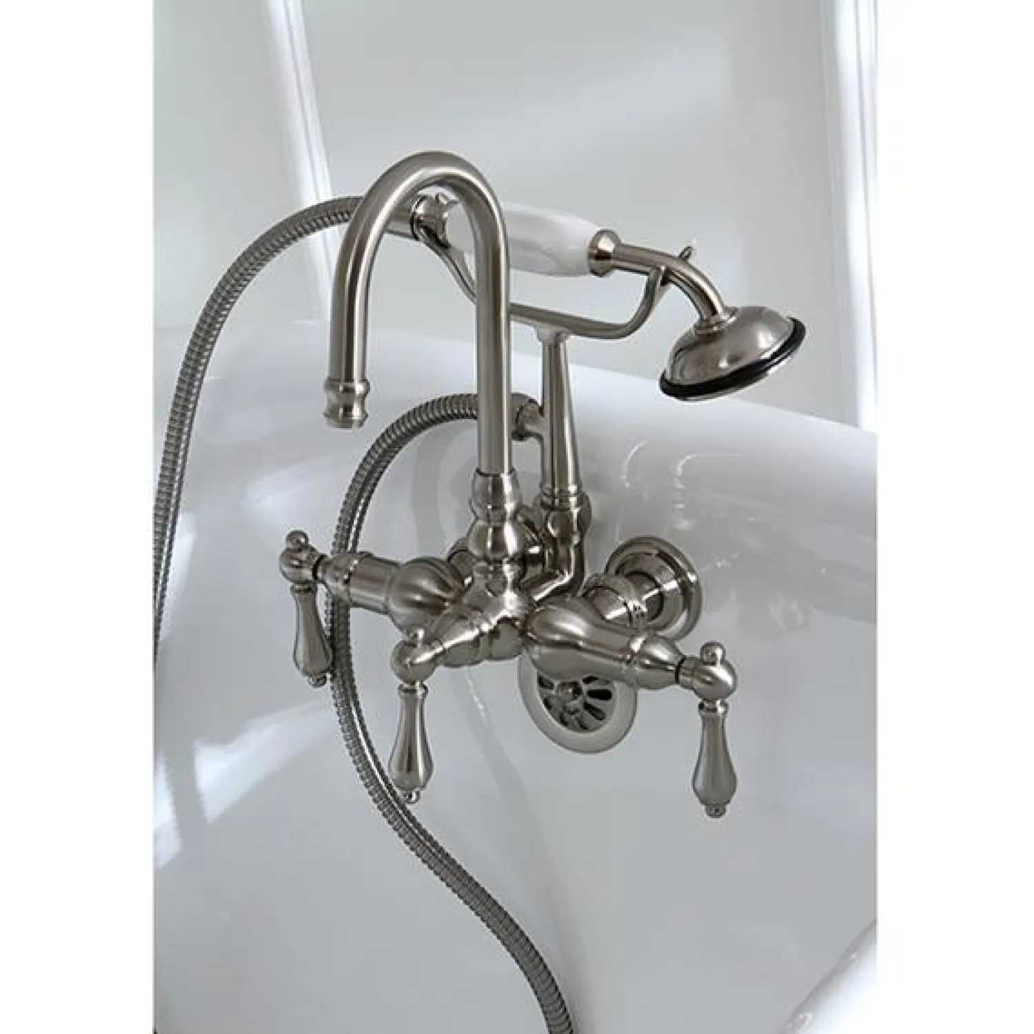 Clearance Vintage 3-3/8" Centers Wall Mount Clawfoot Tub Filler Faucet with Hand Shower Tub Faucets