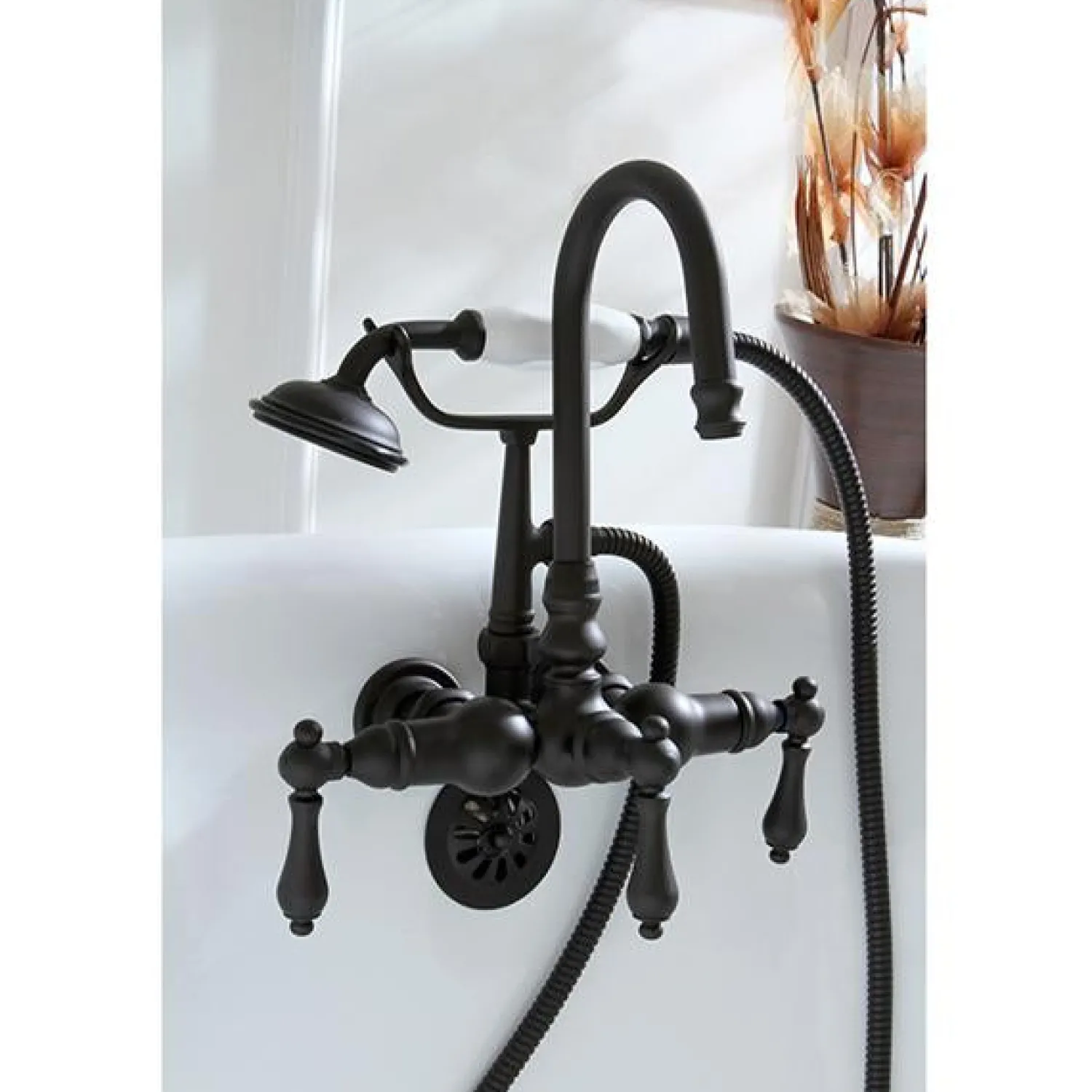 Clearance Vintage 3-3/8" Centers Wall Mount Clawfoot Tub Filler Faucet with Hand Shower Tub Faucets