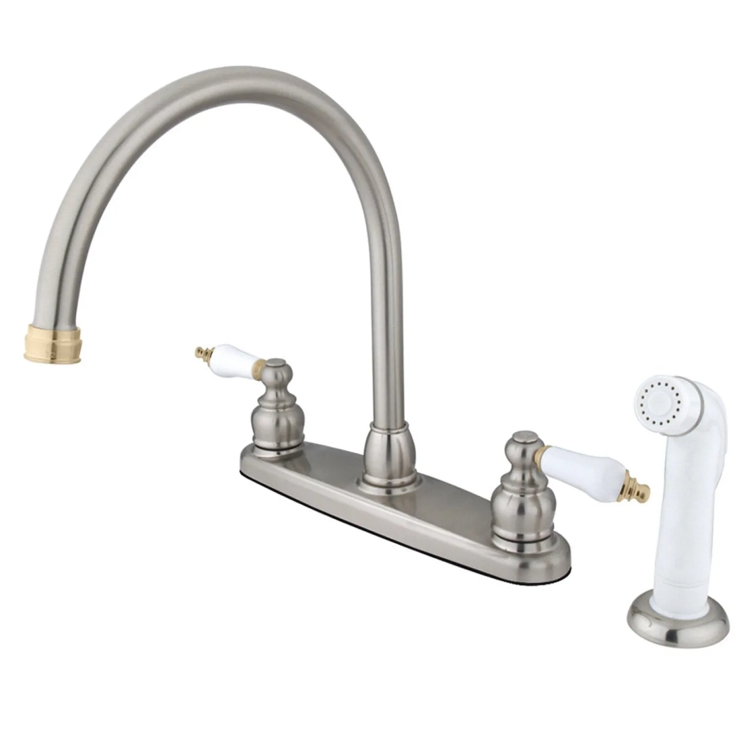 Discount Vintage Double Handle Goose Neck Kitchen Faucet with White Sprayer Faucets With Side Spray