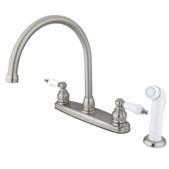 Discount Vintage Double Handle Goose Neck Kitchen Faucet with White Sprayer Faucets With Side Spray