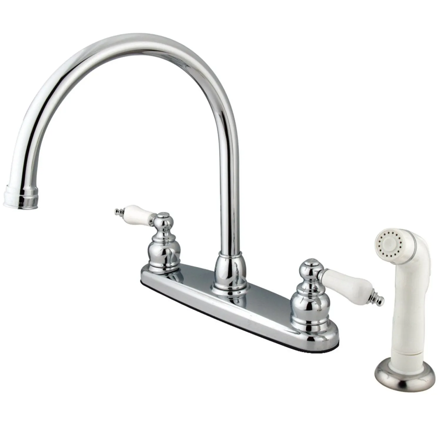 Discount Vintage Double Handle Goose Neck Kitchen Faucet with White Sprayer Faucets With Side Spray