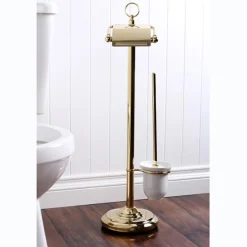 New Vintage Pedestal Toilet Paper and Brush Holder in Polished Brass Toilet Paper Holders