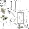 Discount Vintage Wall Mount Down Spout Clawfoot Tub and Shower Package with Porcelain Lever Handles in Polished Brass Tub Faucets