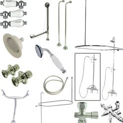 Discount Vintage Wall Mount Down Spout Clawfoot Tub and Shower Package with Porcelain Lever Handles in Polished Brass Tub Faucets