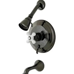 New Water Onyx NB36300PX Pressure Balanced Tub and Shower Faucet with Porcelain Cross Handle and Vintage Spout Tub & Shower Sets