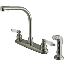 New Water Saving Victorian High Arch Kitchen Faucet with Oak and Porcelain Lever Handles and Sprayer Faucets With Side Spray