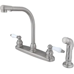 New Water Saving Victorian High Arch Kitchen Faucet with Oak and Porcelain Lever Handles and Sprayer Faucets With Side Spray