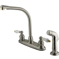New Water Saving Victorian High Arch Kitchen Faucet with Oak and Porcelain Lever Handles and Sprayer Faucets With Side Spray