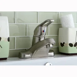 Sale Wyndham Single Handle 4" Centerset Lavatory Faucet with Brass Pop-up in Satin Nickel 4" Center Set