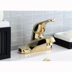 Best Wyndham Single Handle 4" Centerset Lavatory Faucet with Brass Pop-up in Polished Brass 4" Center Set