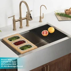 Clearance Allyn Bridge Faucet with Pull-Down Sprayhead in Brushed Gold Bridge Faucets