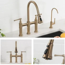 Clearance Allyn Bridge Faucet with Pull-Down Sprayhead in Brushed Gold Bridge Faucets