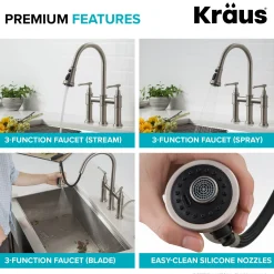 Clearance Allyn Bridge Faucet with Pull-Down Sprayhead in Brushed Gold Bridge Faucets