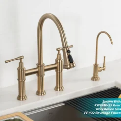 Clearance Allyn Bridge Faucet with Pull-Down Sprayhead in Brushed Gold Bridge Faucets