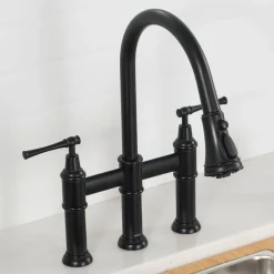 Clearance Allyn Bridge Faucet with Pull-Down Sprayhead in Matte Black Bridge Faucets