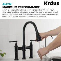 Clearance Allyn Bridge Faucet with Pull-Down Sprayhead in Matte Black Bridge Faucets