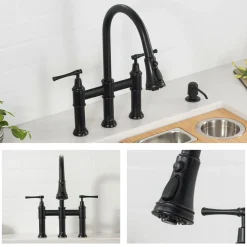 Clearance Allyn Bridge Faucet with Pull-Down Sprayhead in Matte Black Bridge Faucets