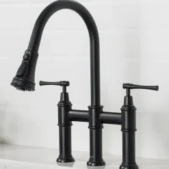 Clearance Allyn Bridge Faucet with Pull-Down Sprayhead in Matte Black Bridge Faucets