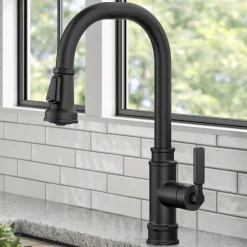 New Allyn Industrial Pull-Down Kitchen Faucet in Matte Black Single Hole