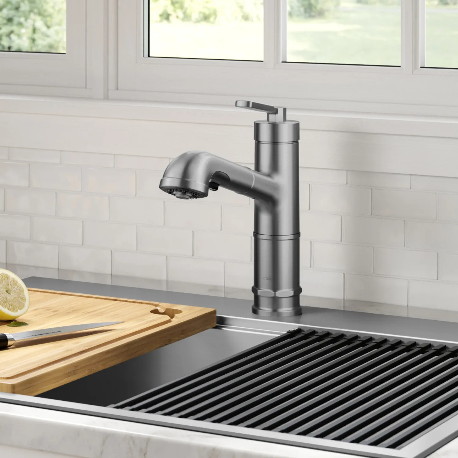 Hot Allyn Industrial Pull-Out Single Handle Kitchen Faucet in Spot-Free Stainless Steel Single Hole