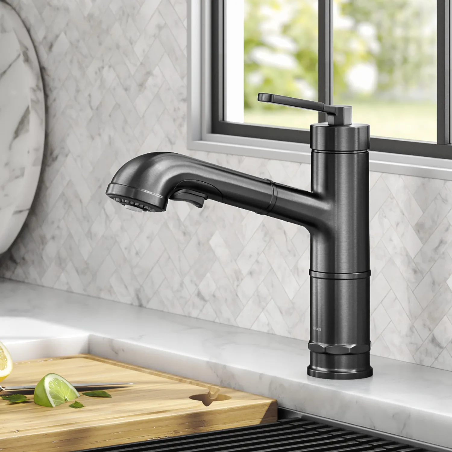 Online Allyn Industrial Pull-Out Single Handle Kitchen Faucet in Black Stainless Single Hole