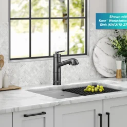 Online Allyn Industrial Pull-Out Single Handle Kitchen Faucet in Black Stainless Single Hole
