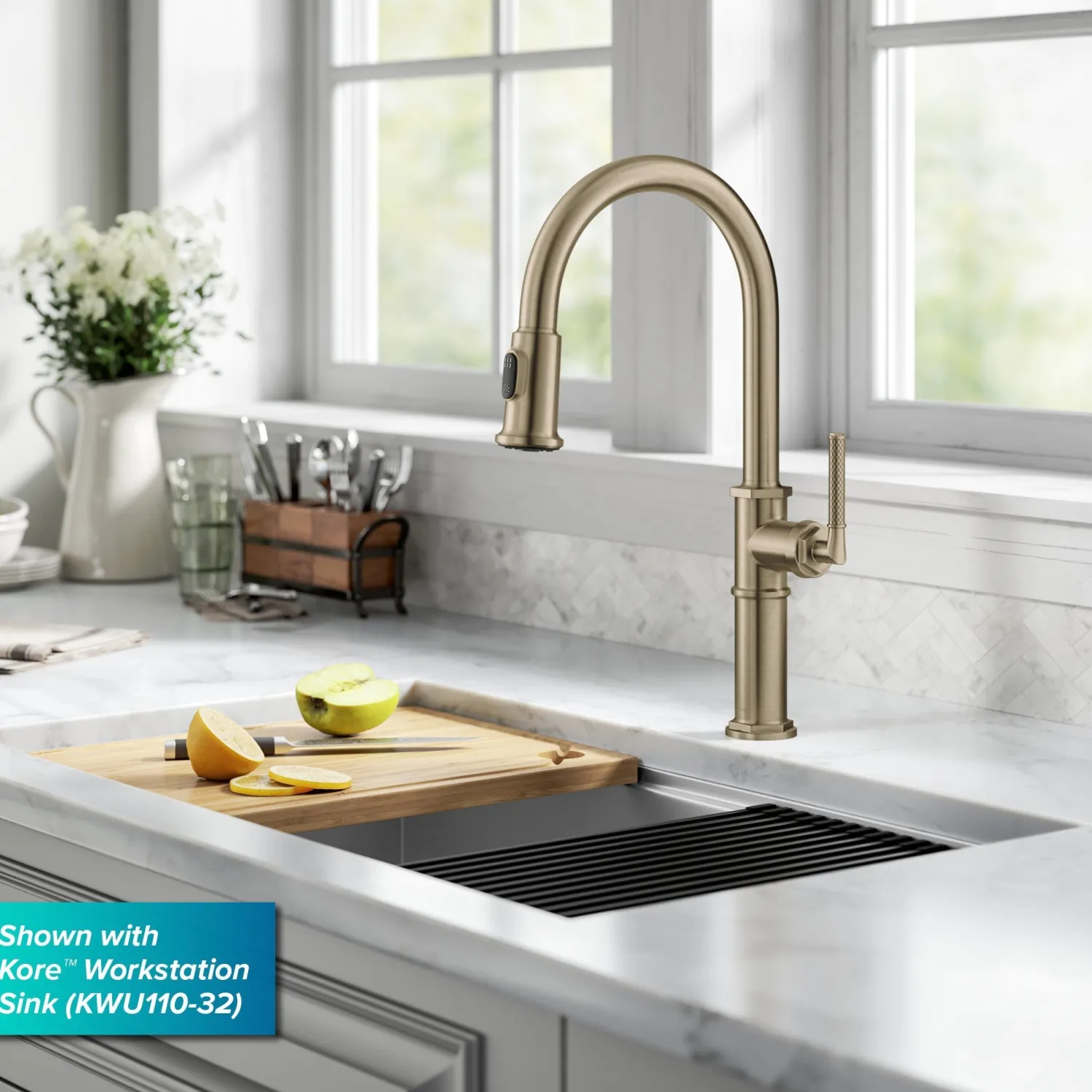 Allyn Nut & Bolt Diamond Cut Brushed Gold Kitchen Faucet Single Hole