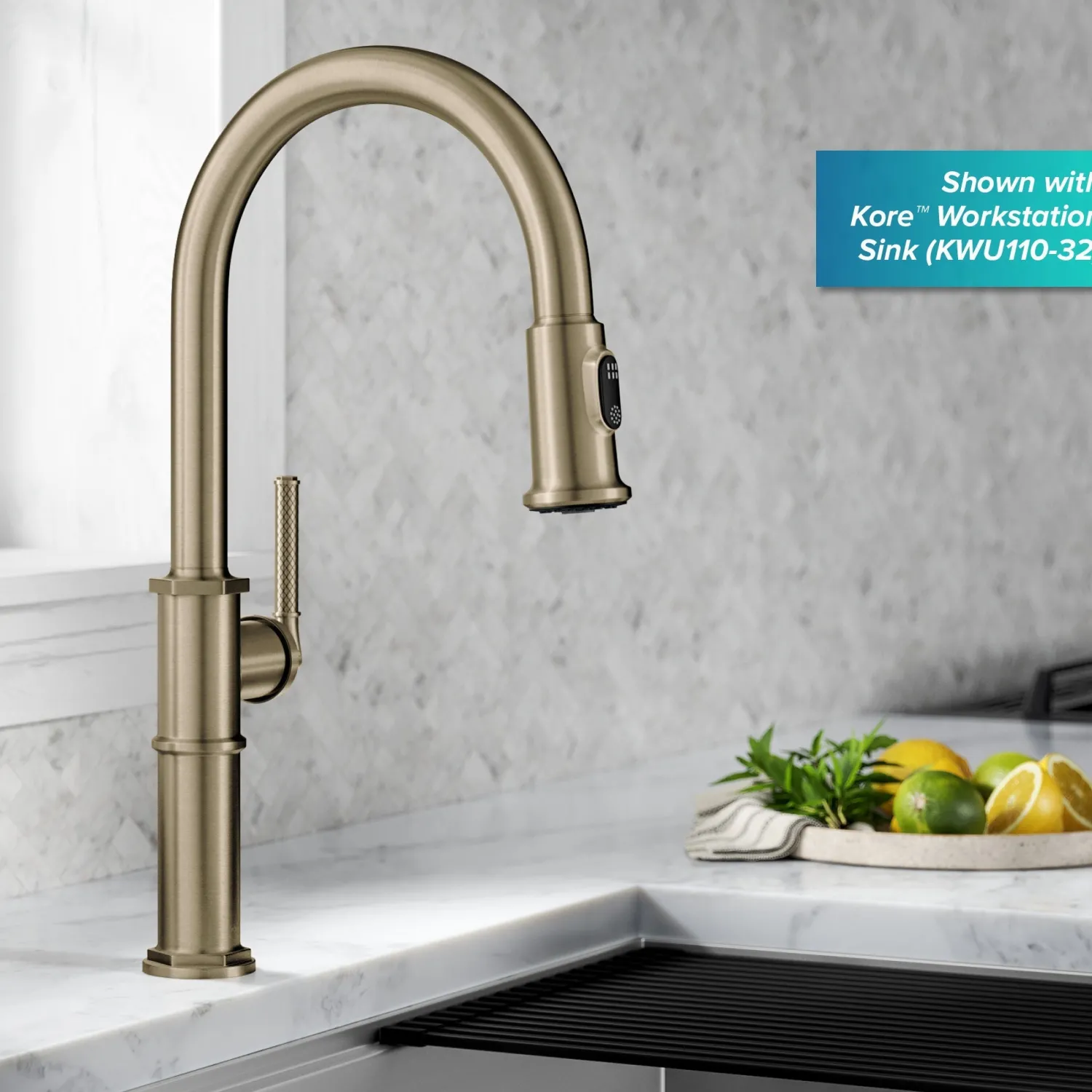 Allyn Nut & Bolt Diamond Cut Brushed Gold Kitchen Faucet Single Hole