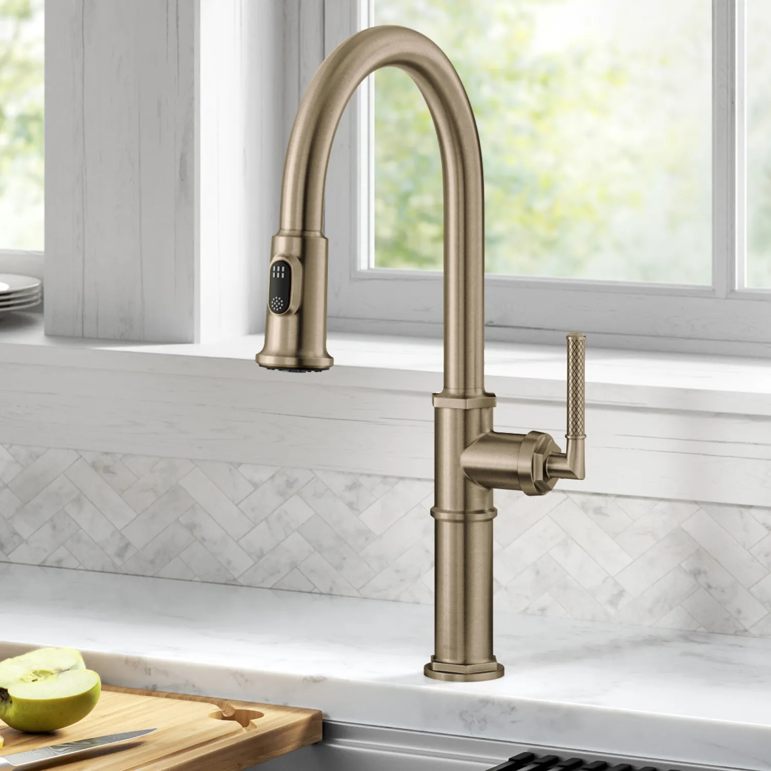 Allyn Nut & Bolt Diamond Cut Brushed Gold Kitchen Faucet Single Hole