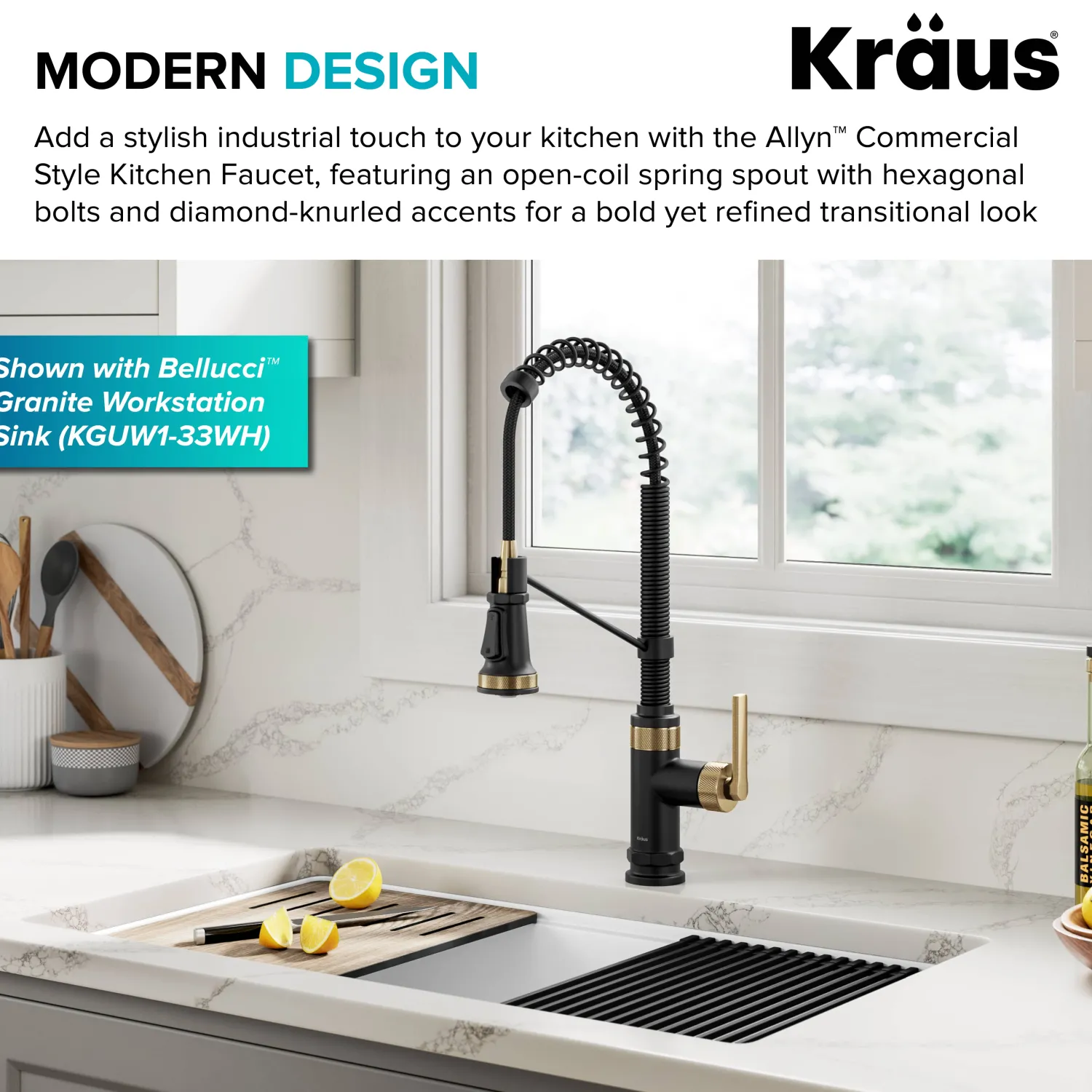 Outlet Allyn Single Handle Pull Down Kitchen Faucet in Spot-Free Brushed Brass + Matte Black Single Hole