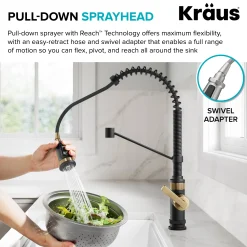 Outlet Allyn Single Handle Pull Down Kitchen Faucet in Spot-Free Brushed Brass + Matte Black Single Hole