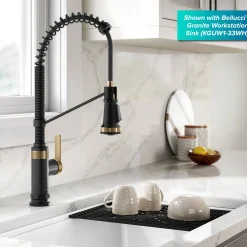 Outlet Allyn Single Handle Pull Down Kitchen Faucet in Spot-Free Brushed Brass + Matte Black Single Hole