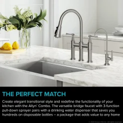 Allyn Transitional Bridge Kitchen Faucet & Water Filter Faucet in Spot Free Stainless Steel Water Filter Faucets|Bridge Faucets