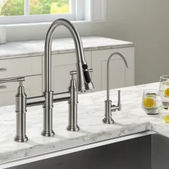 Allyn Transitional Bridge Kitchen Faucet & Water Filter Faucet in Spot Free Stainless Steel Water Filter Faucets|Bridge Faucets
