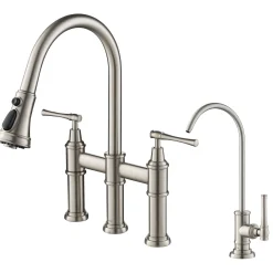Allyn Transitional Bridge Kitchen Faucet & Water Filter Faucet in Spot Free Stainless Steel Water Filter Faucets|Bridge Faucets