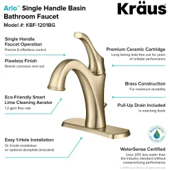 Hot Arlo Single Handle Bathroom Faucet with Lift Rod Drain and Deck Plate in Brushed Gold Single Hole