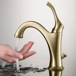 Hot Arlo Single Handle Bathroom Faucet with Lift Rod Drain and Deck Plate in Brushed Gold Single Hole