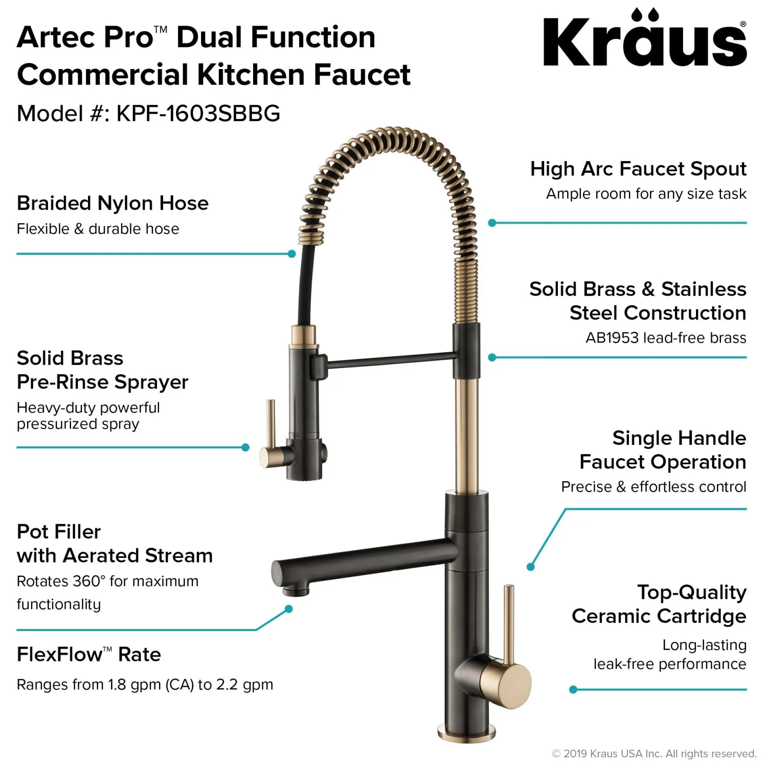 Hot Artec Pro 2-Function Commercial Style Pre-Rinse Kitchen Faucet in Black Stainless/Brushed Gold Single Hole