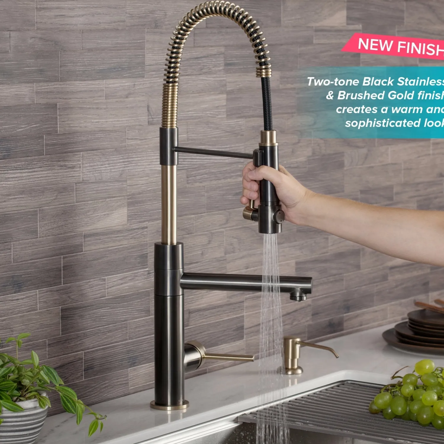 Hot Artec Pro 2-Function Commercial Style Pre-Rinse Kitchen Faucet in Black Stainless/Brushed Gold Single Hole