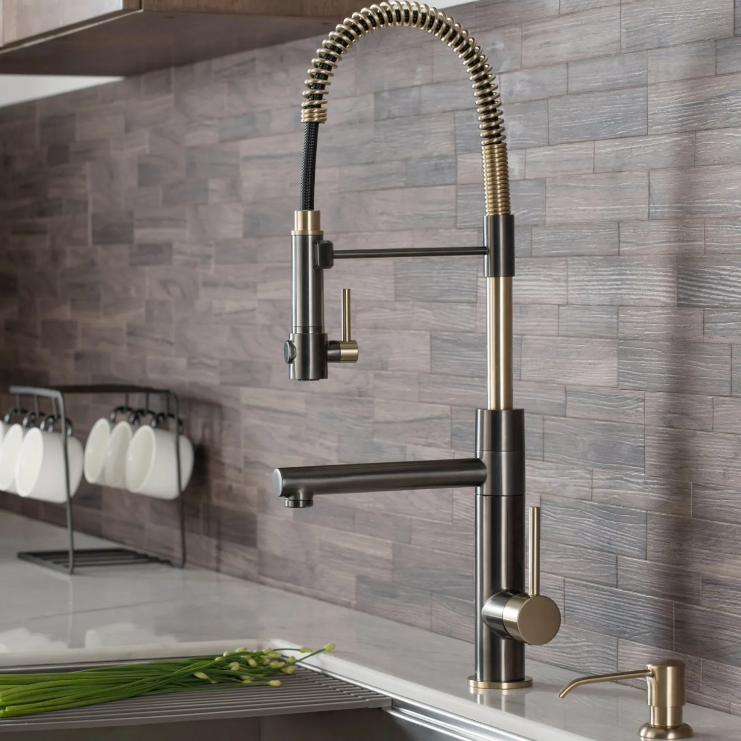 Hot Artec Pro 2-Function Commercial Style Pre-Rinse Kitchen Faucet in Black Stainless/Brushed Gold Single Hole