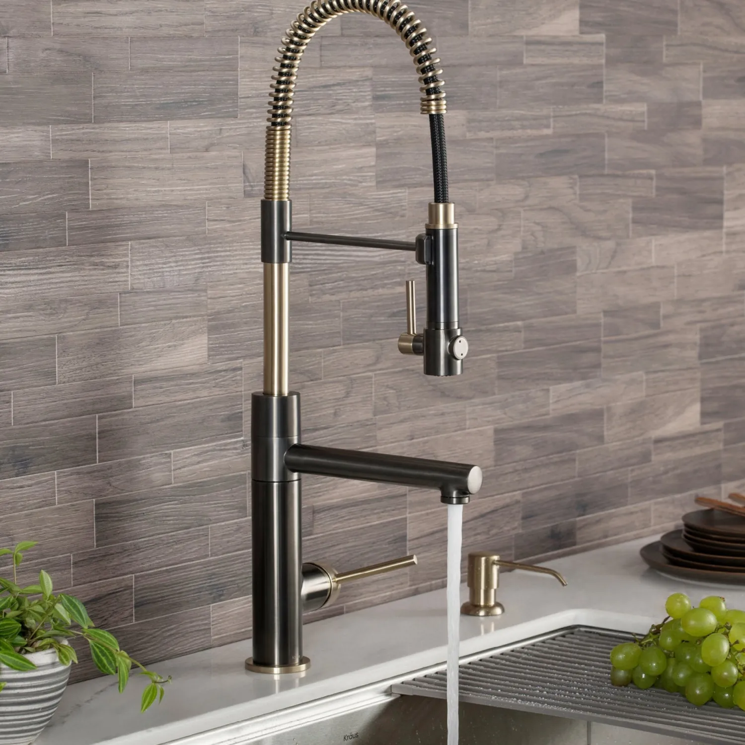 Hot Artec Pro 2-Function Commercial Style Pre-Rinse Kitchen Faucet in Black Stainless/Brushed Gold Single Hole