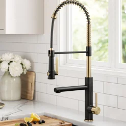 Discount Artec Pro 2-Function Single Handle Pull Down Kitchen Faucet in Brushed Brass & Matte Black Single Hole